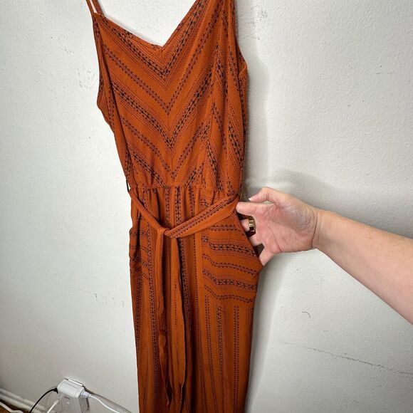E & M Rust & Black Aztec Print V-Neck Spaghetti Strap Pockets Tie Waist Jumpsuit - Picture 5 of 16